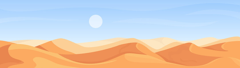 Fototapeta na wymiar Desert nature wide panorama landscape in Africa, cartoon deserted scenery in summer heat weather, egyptian sahara scene vector illustration
