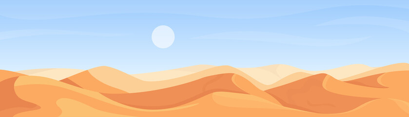 Desert nature wide panorama landscape in Africa, cartoon deserted scenery in summer heat weather, egyptian sahara scene vector illustration