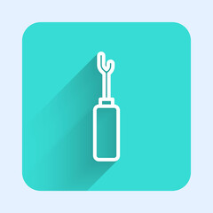 White line Awl tool with wooden handle icon isolated with long shadow. Work equipment tailor industry. Green square button. Vector