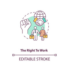 The right to work concept icon. Labour union. Equality for gender. Male, female worker. Migrant worker rights idea thin line illustration. Vector isolated outline RGB color drawing. Editable stroke