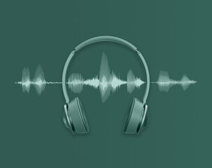 Modern headphones and audio waveform on green background