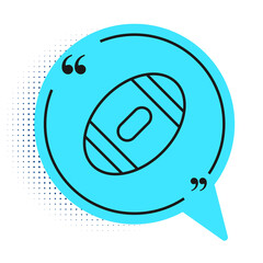 Black line American Football ball icon isolated on white background. Rugby ball icon. Team sport game symbol. Blue speech bubble symbol. Vector