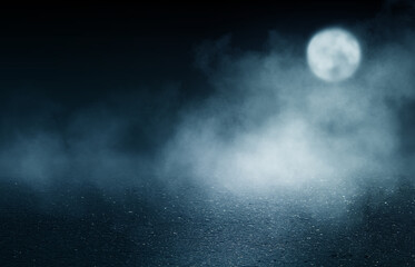 Dramatic cityscape at night. Moon, moonlight is reflected on the asphalt, smoke, fog. 3d illustration