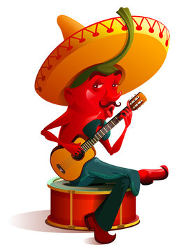 Mexican chili pepper character sombrero plays guitar. Cinco de mayo holiday