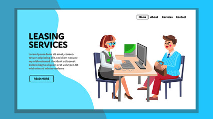 Leasing Services Consultant Advising Client Vector. Leasing Services Company Worker Adviser Answering Or Help Customer In Office. Characters Consultation Web Flat Cartoon Illustration