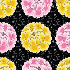 Behang Pink and Yellow Peonies on Black Filigree Background Vector Seamless Pattern © Farijazz