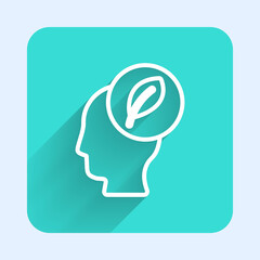White line Human head with leaf inside icon isolated with long shadow. Green square button. Vector