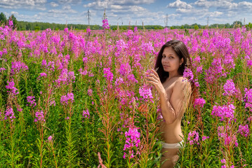 Beautiful nude woman relaxing on meadow