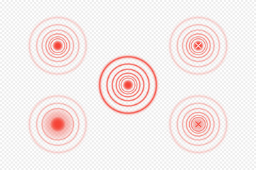 Red circles to indicate the area of pain on the person's body. Vector transparent overlay elements, templates. Objects on an isolated background.