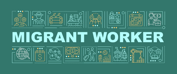 Migrant worker word concepts banner. Immigration for job. Recruitment o work abroad. Infographics with linear icons on dark green background. Isolated typography. Vector outline RGB color illustration