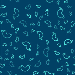 Green line Human stomach icon isolated seamless pattern on blue background. Vector