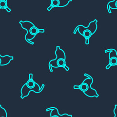 Green line Human stomach with magnifying glass icon isolated seamless pattern on blue background. Vector