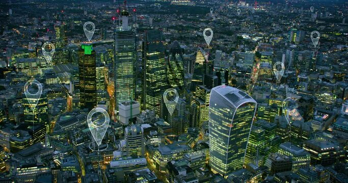 Localization icons over London. Aerial view of a smart and futuristic city. Skyscrapers in the financial district. Perfect to illustrate technological concepts as: data communication, AI, IOT