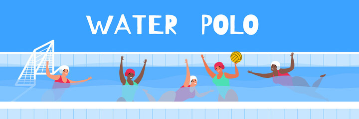 water polo women team players in swimming pool  championship vector flat  illustration