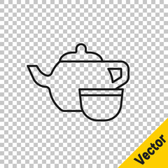 Black line Traditional Chinese tea ceremony icon isolated on transparent background. Teapot with cup. Vector