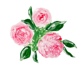 Hand drawn painted roses with green leaves. Acrylic paint. Isolated on white background. Poster, illustration.