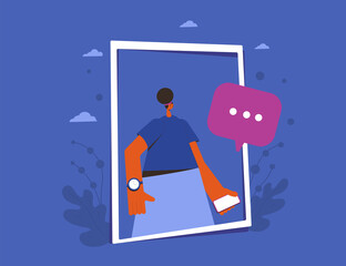 Online communication. Woman portrait with frame. Female person get a message on her phone.