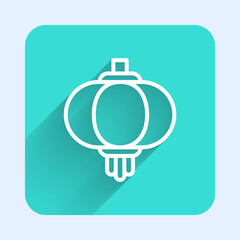 White line Chinese paper lantern icon isolated with long shadow. Green square button. Vector