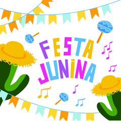 Brazilian Summer Festival postcard - festa junina. on a white background with cactus notes, straw hats, and text. annual bright festival.