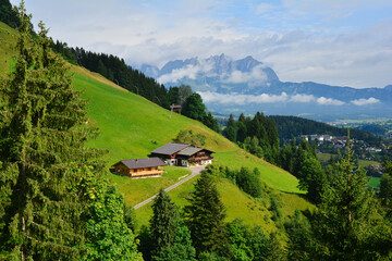 Beautiful landscape seen from the cable car lift to Hahnenkamm ski run, Austrian Alps , Tirol,...