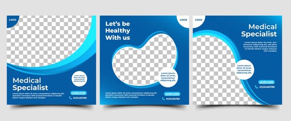 Set of Medical square banner design template. Modern banner with blue wave frame and place for the photo. Suitable for social media post, banners, signs, flyers, and websites.