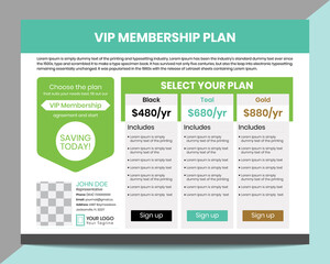 Membership plan sheet, pricing plan table template 