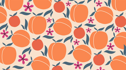 A vibrant fruity and floral print on a pastel background. Juicy apricot with green leaves and delicate flowers. Retro, vintage, tropical background. Concept for banners, cards, covers, wallpapers. 