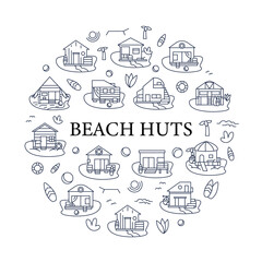 Beach hut circle poster. Modern facade comfortable houses on beach. Perfect relax place. Seascape. Rest concept. Isolated vector template