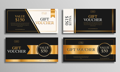 Gold luxury vouchers gift template set, coupon designs, certificates, ticket templates, ready to edit and use.