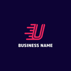Fototapeta na wymiar Simple and minimalist bright pink letter U speed monogram initial logo in dark blue background
