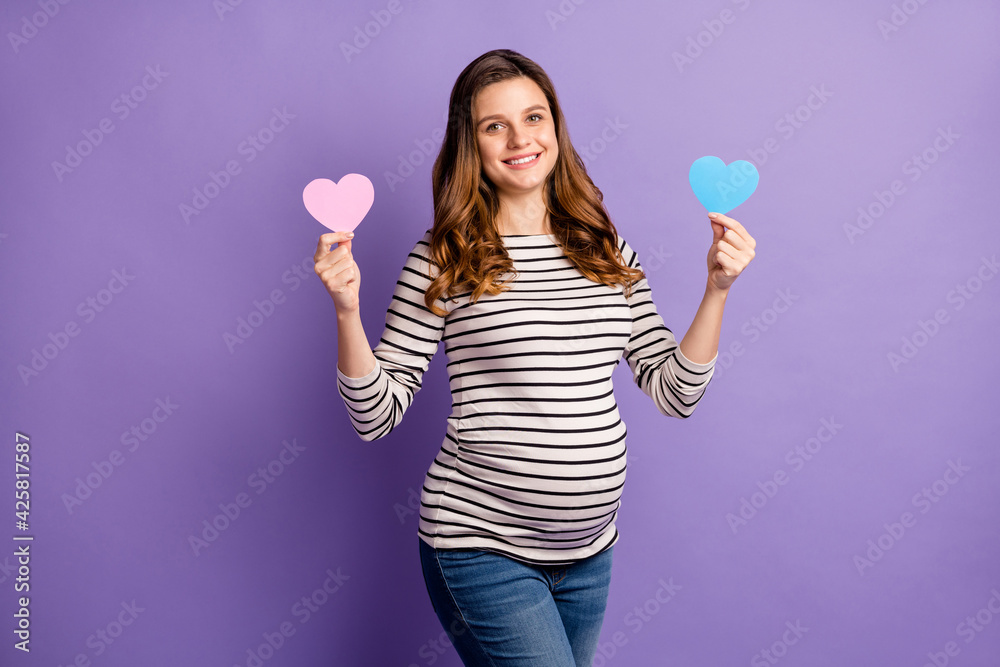 Sticker Photo of adorable lady waiting baby dressed striped shirt tummy holding pink blue heart guess boy girl isolated violet color background