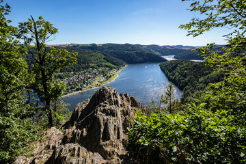 View From The Bockfelsen Lookout Point To The Hohenwartestausee Near Gössitz, Saale-Orla District, Thuringia, Germany, Europe