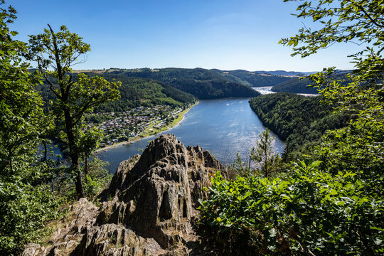 View From The Bockfelsen Lookout Point To The Hohenwartestausee Near G&ouml;ssitz, Saale-Orla District, Thuringia, Germany, Europe