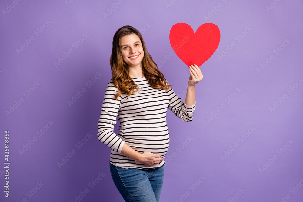 Sticker photo portrait of pregnant woman holding big red heart card isolated on vivid violet colored backgro