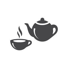Tea cup and teapot black vector icon. Tea pot and hot mug symbol.