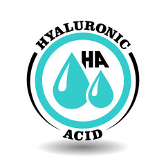 Round vector icon of Hyaluronic acid component with drop sign for HA medical labeling, contain Hyaluron ingredient cosmetics package, anti-age beauty procedure symbol