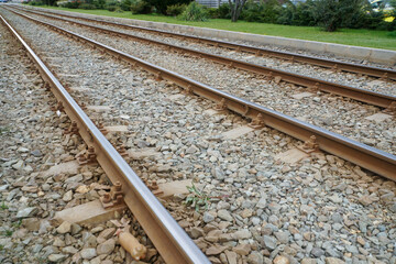 Naklejka premium Tram rails. The forces of a Bucharest tram in the spring of 2021, Bucharest, Romania. Photo during the day.