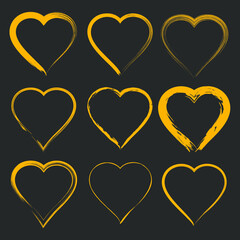 Set of yellow paintbrush grunge hearts. Valentines day. Brush strokes. Design element for invitation, gift, greetings card, frames, badges, emblems, web, prints, pattern and background. Isolated