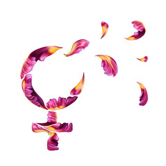 Venus symbol with pink flower petals fly away, international women day feminist clip art isolated...