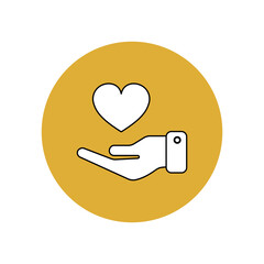 Give love. Heart icon in hand in a yellow circle. A symbol of love, care and support for each other. Donation for animals, sick and elderly people. Donar and heart organ transplant.