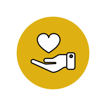 Give Love. Heart Icon In Hand In A Yellow Circle. A Symbol Of Love, Care And Support For Each Other. Donation For Animals, Sick And Elderly People. Donar And Heart Organ Transplant.Vector Illustration