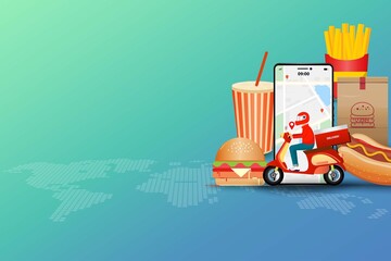 Concept of delivery by scooter, staff is preparing fast food (sparkling water, hot dog, hamburger and french fries) to deliver to the customer by use application on mobile.