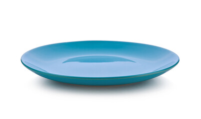 Blue ceramic plate isolated on white background.