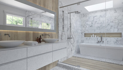 Modern bathroom interior with wooden decor in eco style	