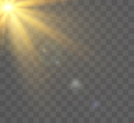 Lens flash light effect. Sunbeams with rays isolated on transparent background. Vector illustration.