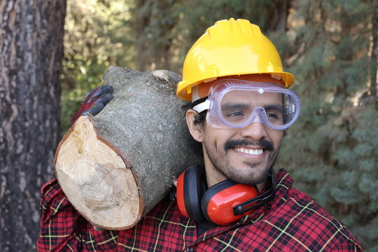 Logger holding heavy trunk in the forest