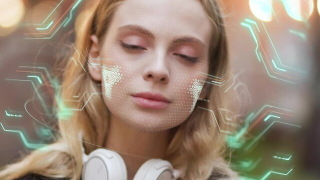 Face ID. Future 3D Cyberpunk Technology Concept. Face of Young Caucasian Woman for Face Detection. Eye Biometrical Iris Scan Reading for Person Identification. Augmented Reality.