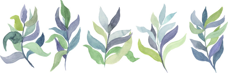 watercolor twigs with leaves of different colors vector isolated elements.