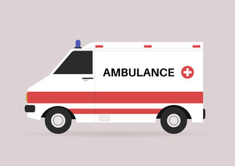 A side view of an ambulance vehicle, emergency medical help