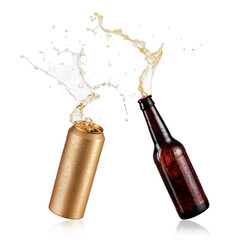 Brown beer bottle and golden can splash - 425823796
